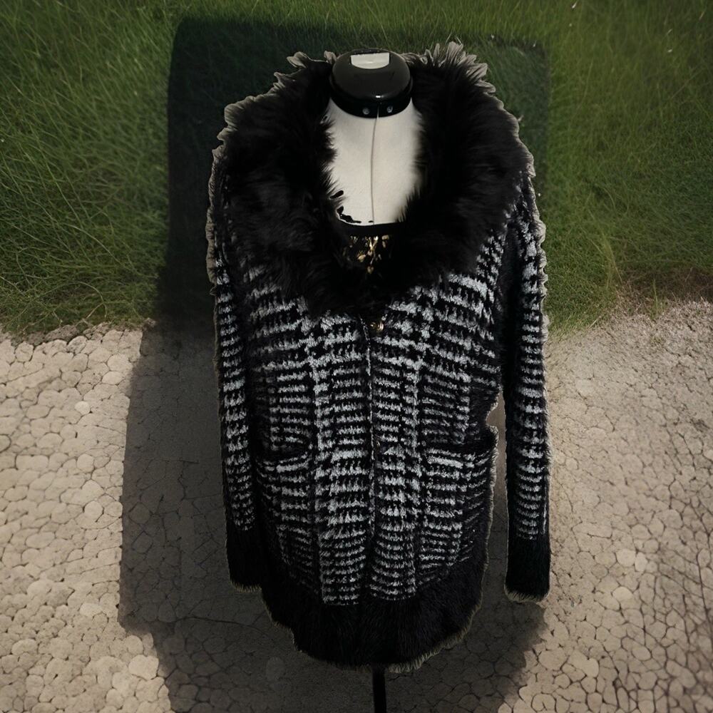 Black Rivet Faux Fur Longline Cardigan M Whimsigoth Indie Sleaze Artsy B&W Knit